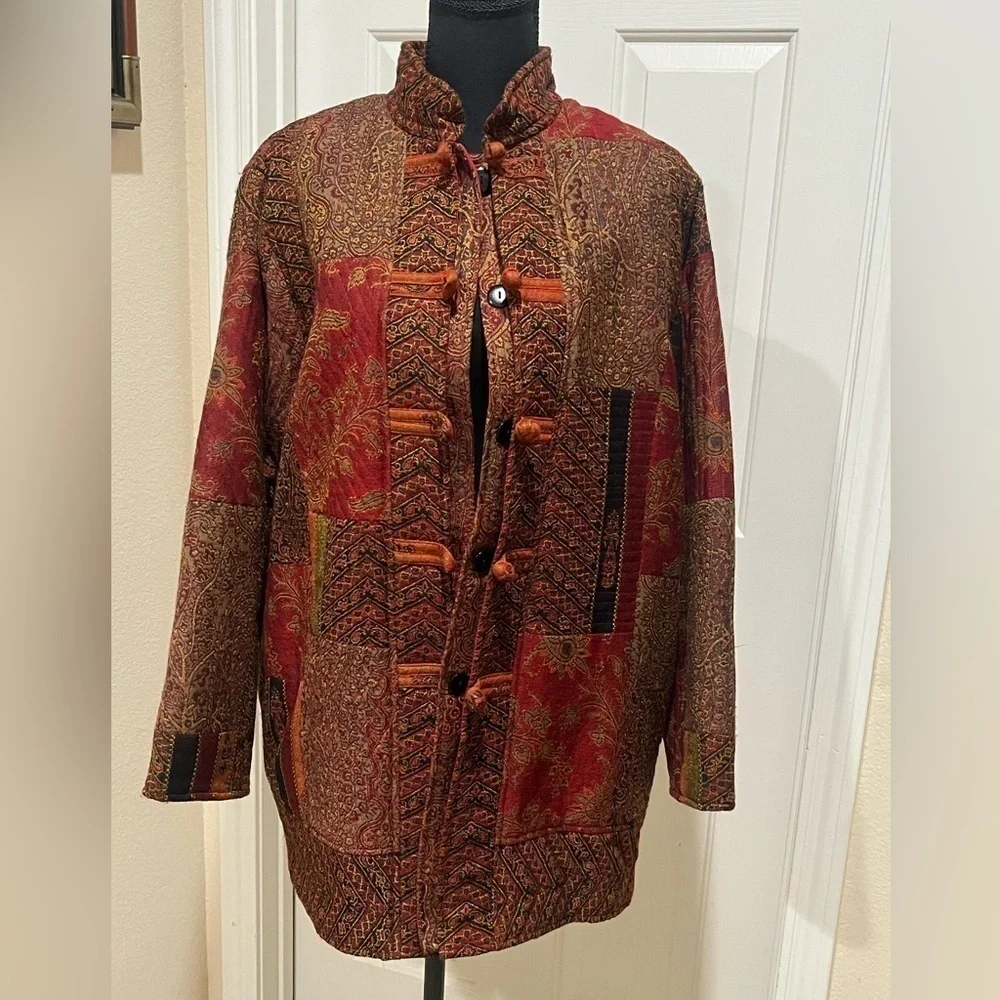 CHICO’S BOHO TAPESTRY PATCHWORK WOOL COAT, 3/4 LENGTH SIZE 1=( M—8)